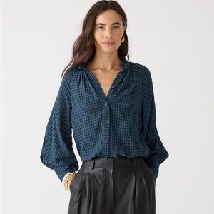 New J.Crew Women Blue Gingham Blouse Shirt Ruffle Gauze Long Sleeve